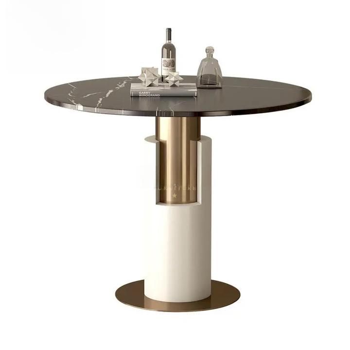 Modern round table with marble top and metallic base on a white background
