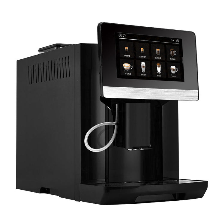Black coffee machine with a digital display on a white background