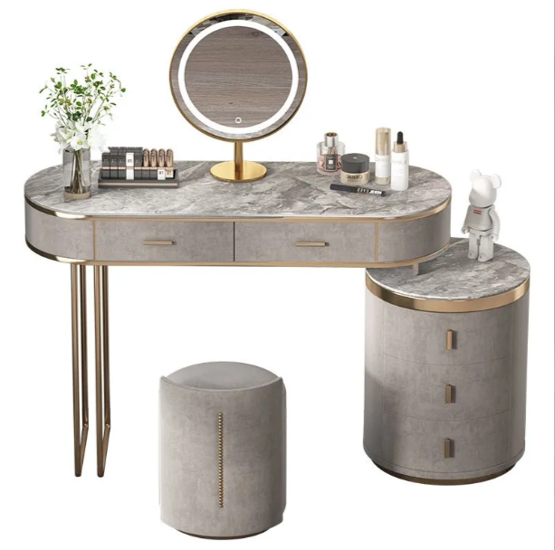 Vintage Bedroom Set European Luxury Makeup Vanity Desk with LED Mirror & Stool