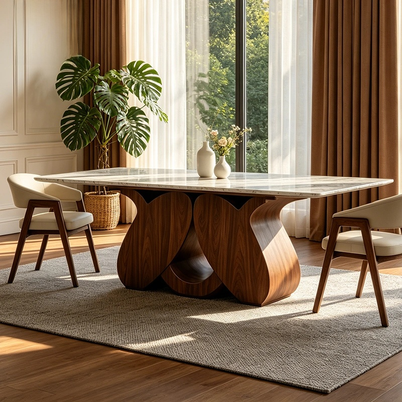 Rectangular Marble Dining Table – Solid Wood Pedestal Base Modern Nordic Luxury Dining Room Furniture