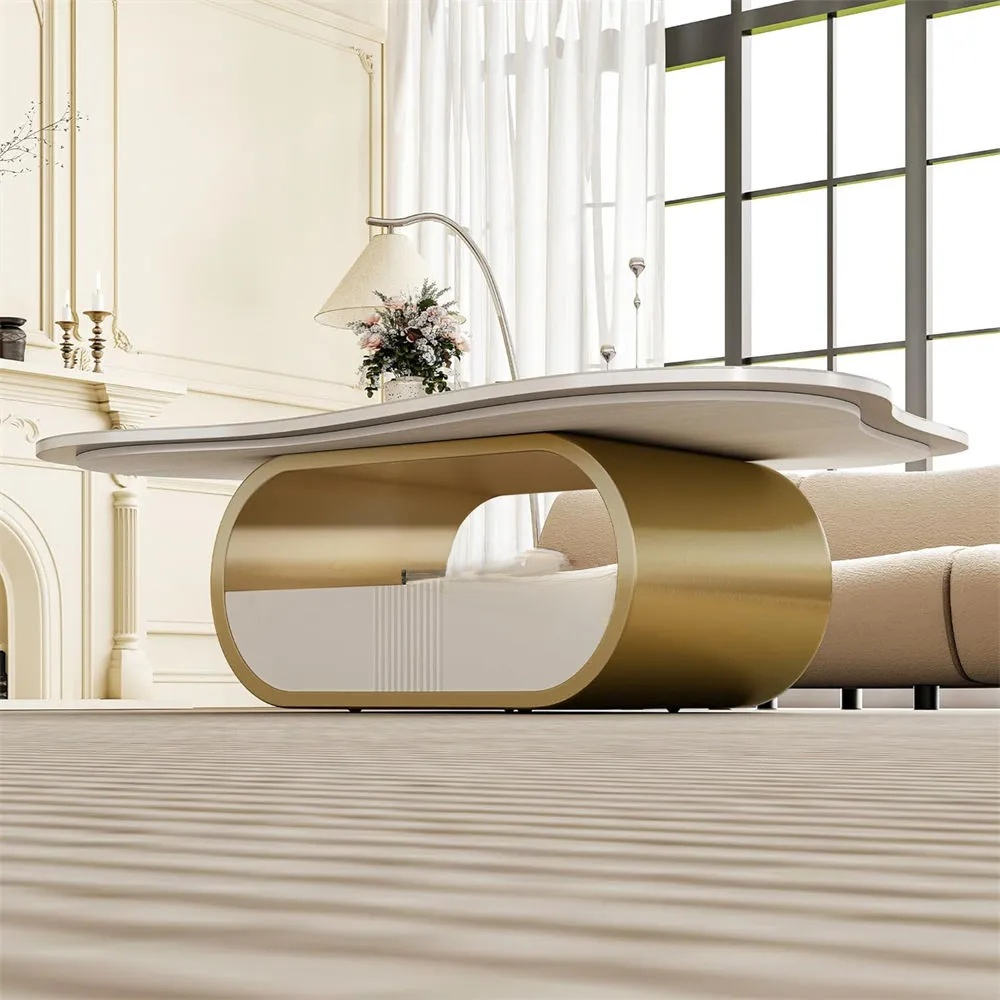 Modern coffee table with gold base in a stylish living room