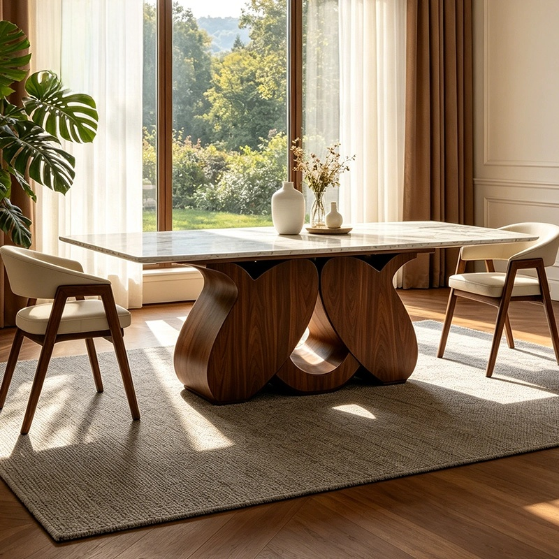 Rectangular Marble Dining Table – Solid Wood Pedestal Base Modern Nordic Luxury Dining Room Furniture