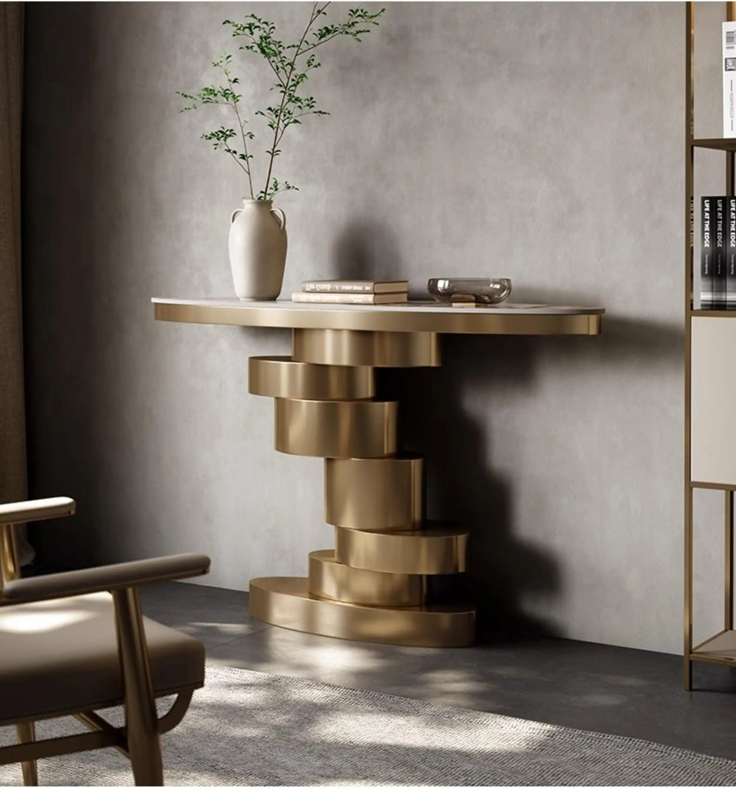 Unique Design Villa Entrance Furniture Stainless Steel Frame Console Table White Marble Table