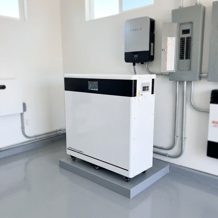 Tesla Powerwall battery energy storage system in a room with electrical panels.