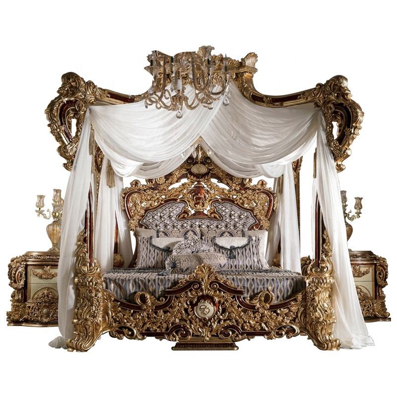 Luxury French Bedroom Set – Hand-Carved Solid Wood Canopy Bed for Home & Hotel Interiors