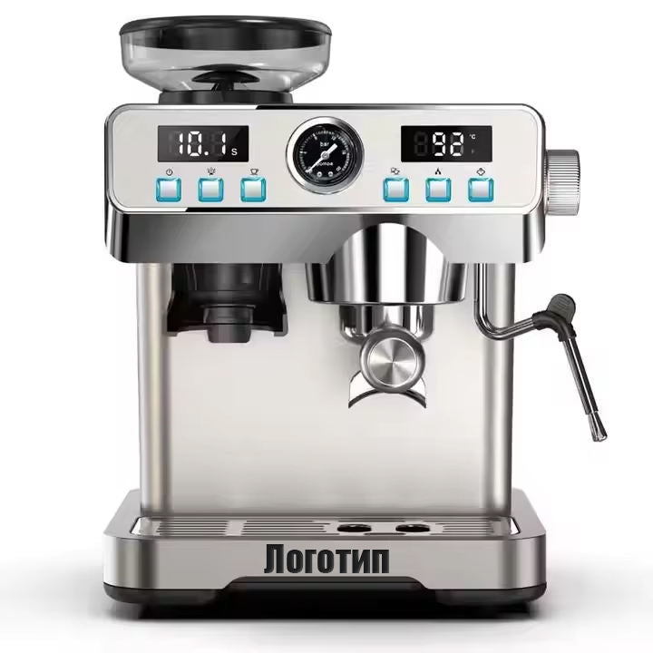 A stainless steel semi-automatic espresso machine with a digital display, pressure gauge, bean hopper, portafilter, and steam wand. The brand name 'ЛОГОТИП' is printed on the front base.