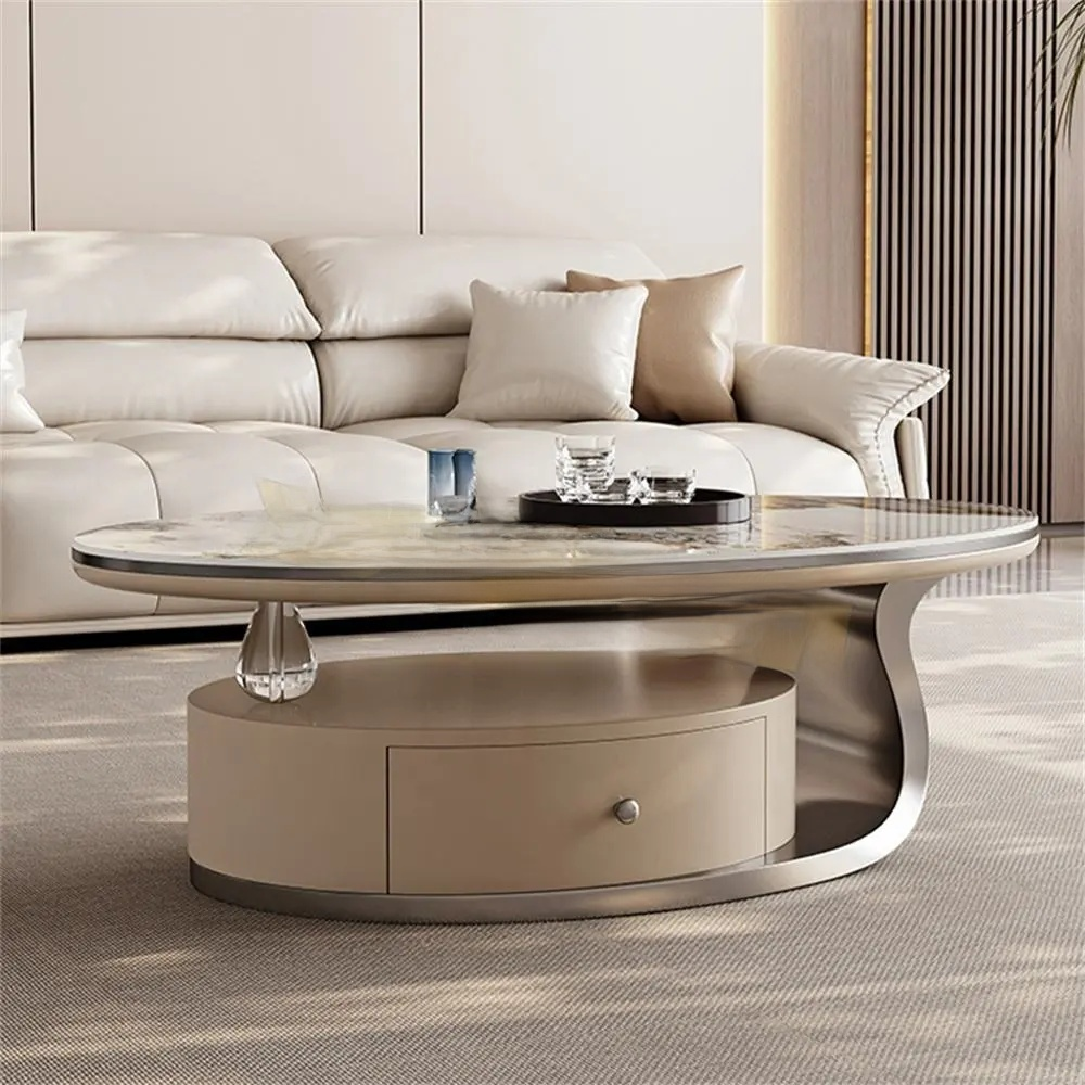 Modern living room with a beige sectional sofa and stylish coffee table.