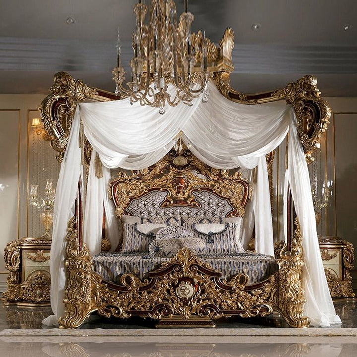 Luxury French Bedroom Set – Hand-Carved Solid Wood Canopy Bed for Home & Hotel Interiors