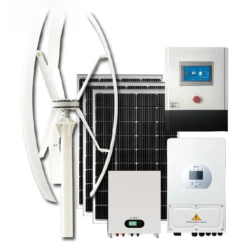 Wind turbine, solar panel, and battery system on a white background