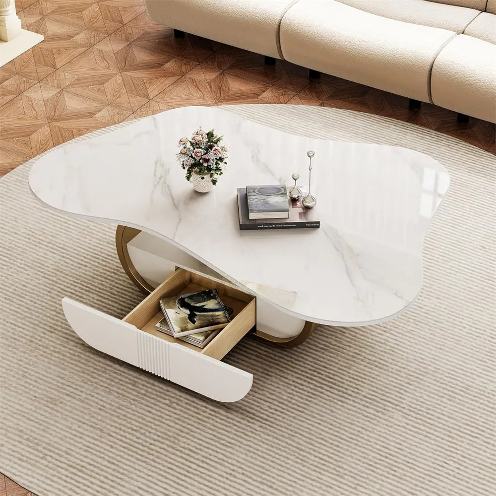 Luxury Sintered Stone Coffee Table – Stainless Steel Modern Gold Center Table with Storage
