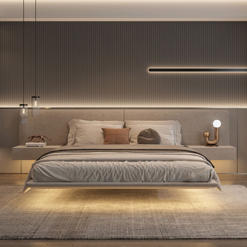 Modern floating bedroom with a bed, nightstands, and wall lights.