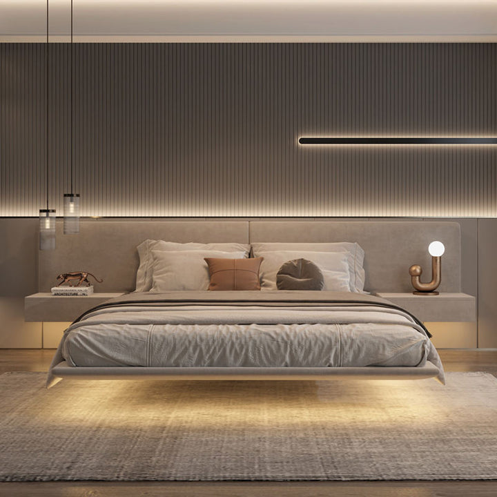 Modern floating bedroom with a bed, nightstands, and wall lights.