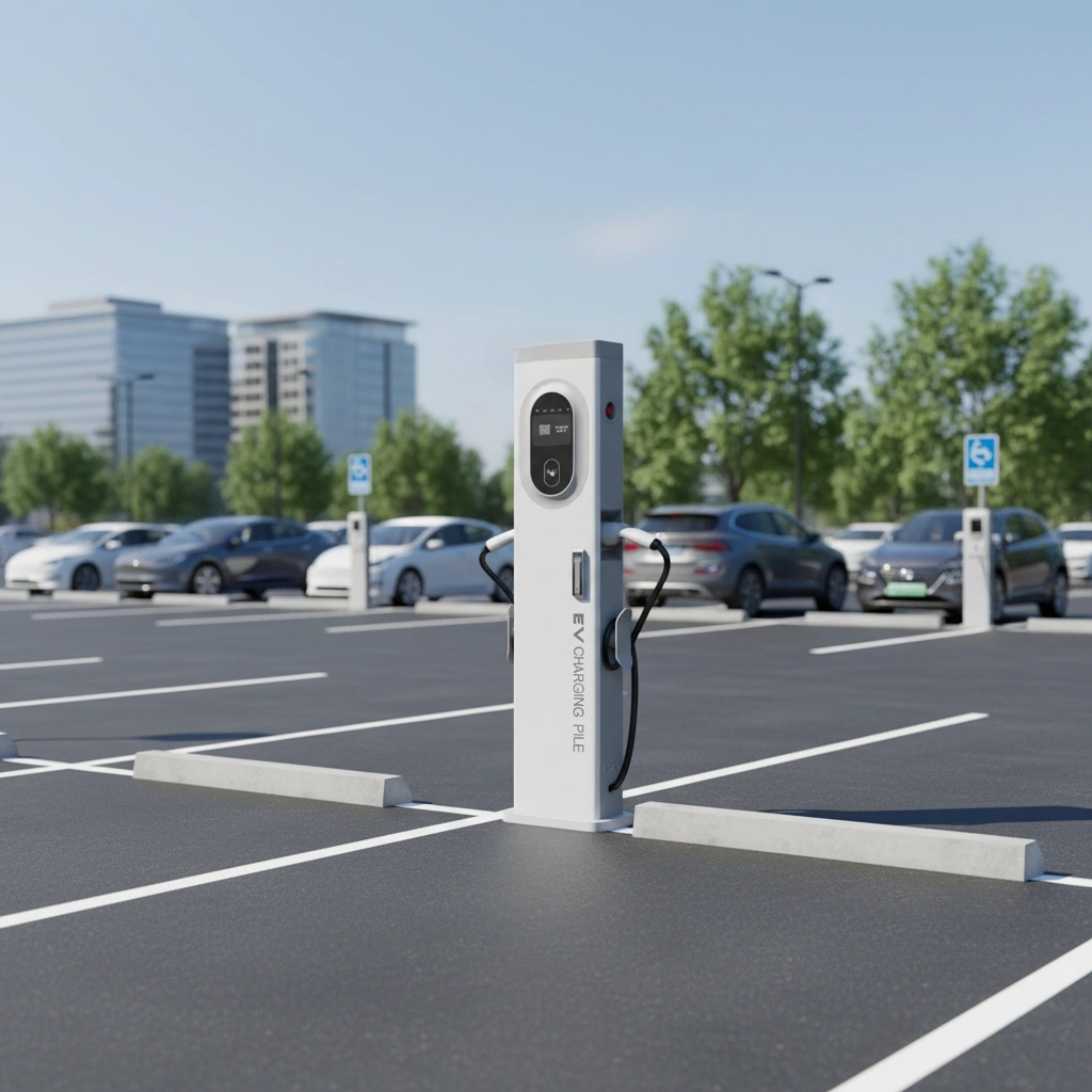 Electric vehicle charging station in a parking lot with cars in the background