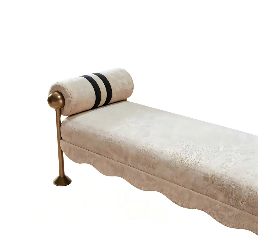 Modern Curved Scallop Base Entryway Shoe Bench with Striped Rolled Arms