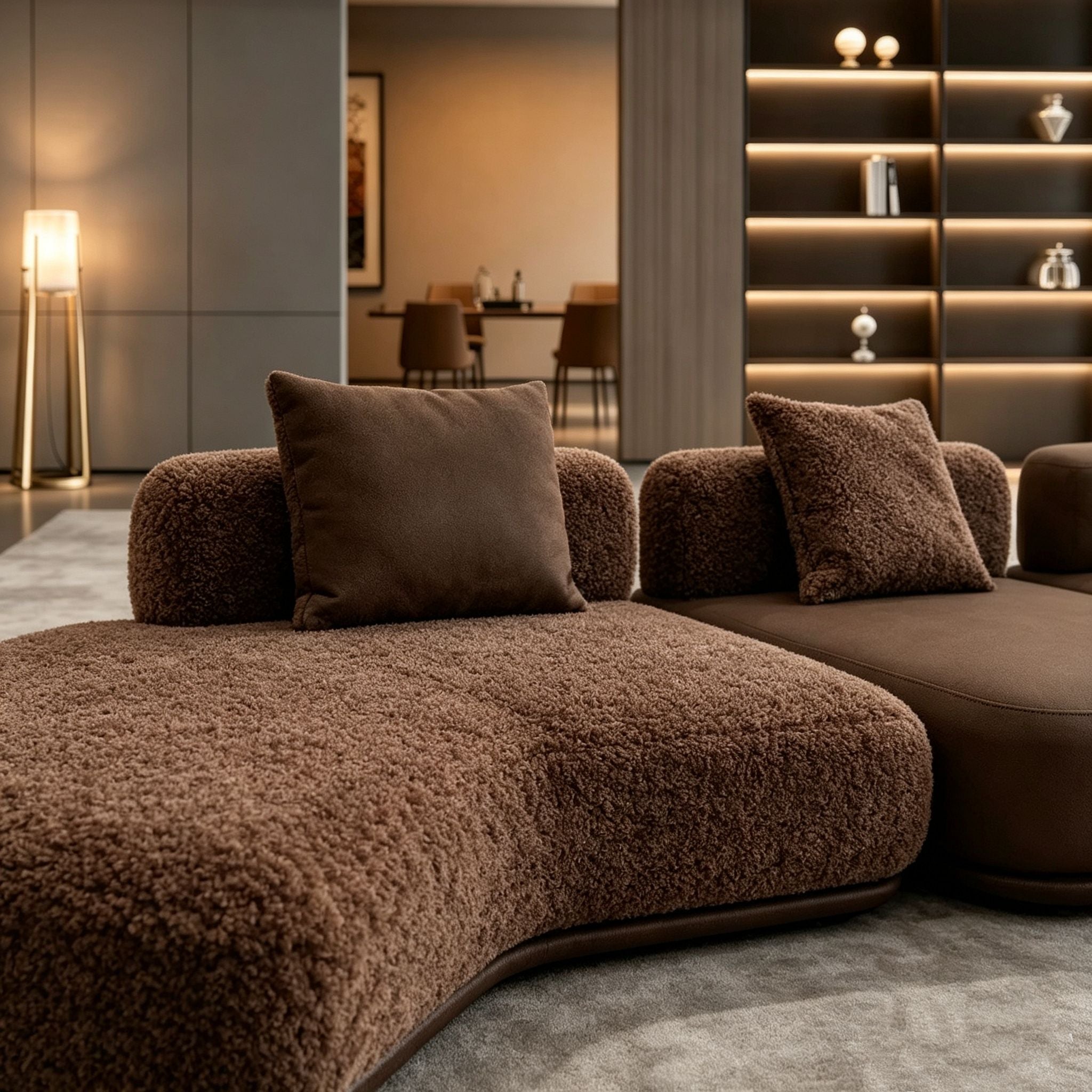 Brown textured sofa in a modern living room setting with shelves and a lamp.