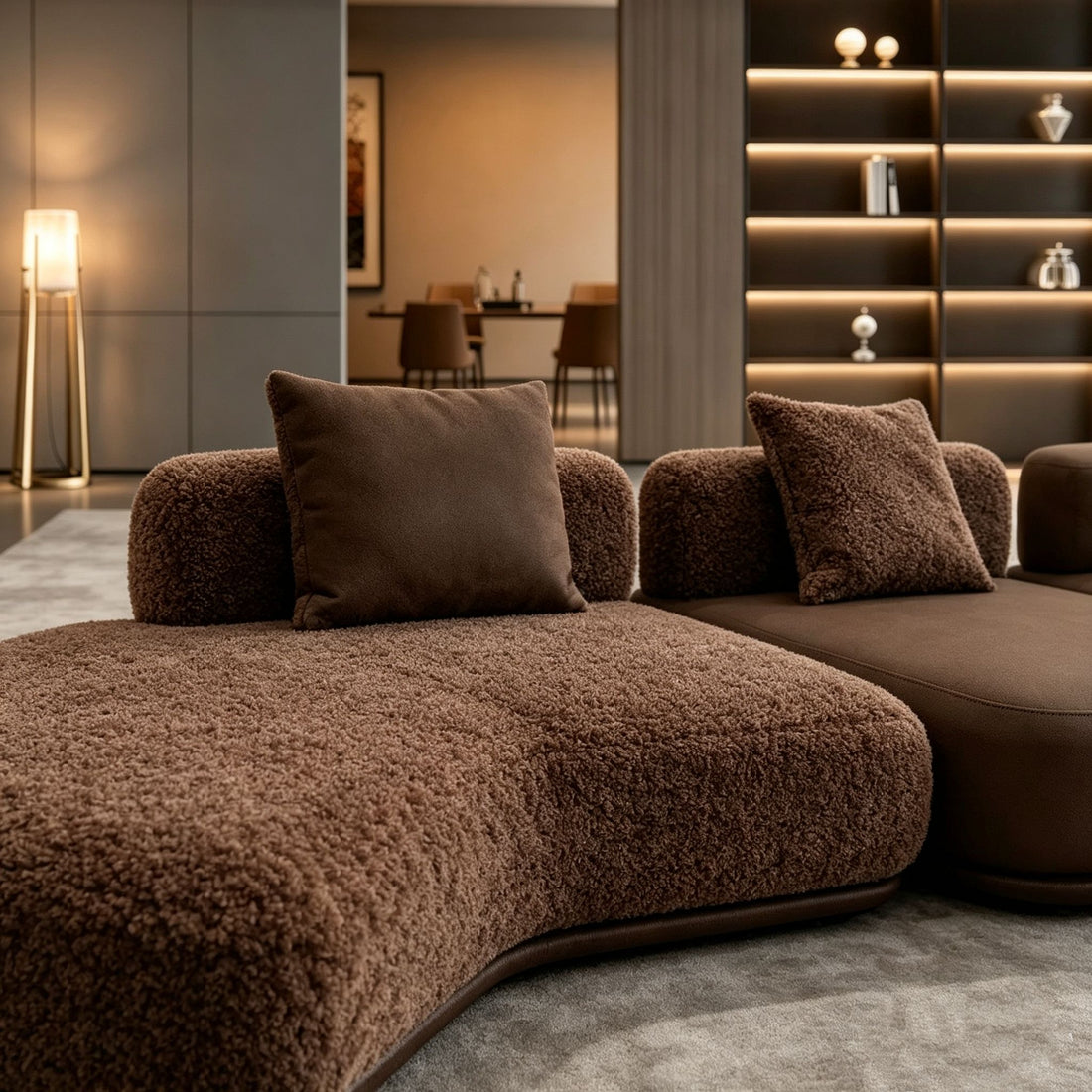 Brown textured sofa in a modern living room setting with shelves and a lamp.