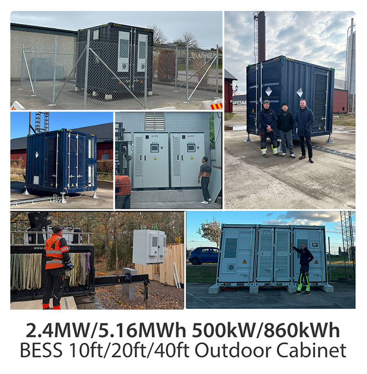 Collage of outdoor battery energy storage systems (BESS) with people and equipment.