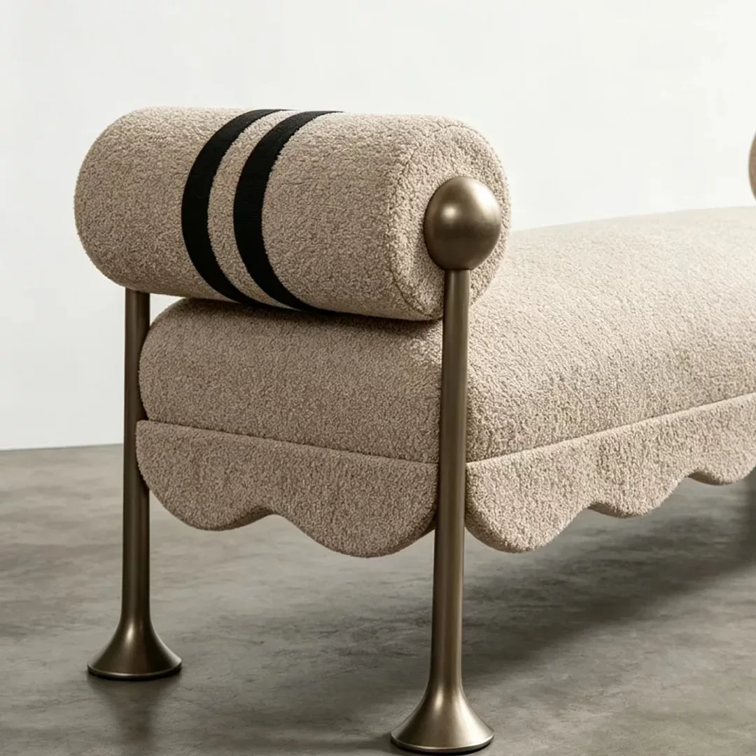 Modern Curved Scallop Base Entryway Shoe Bench with Striped Rolled Arms