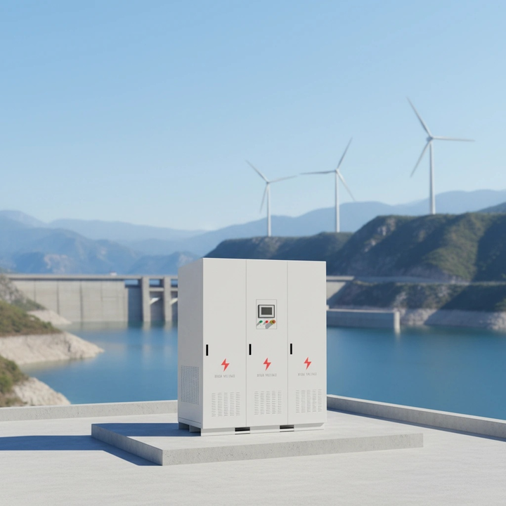 Power distribution box with wind turbines and a dam in the background