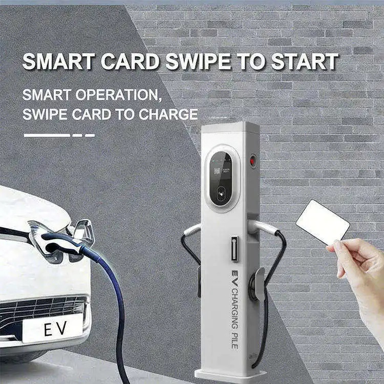 Electric vehicle charging station with a hand swiping a card, text indicating 'Smart card swipe to start'.