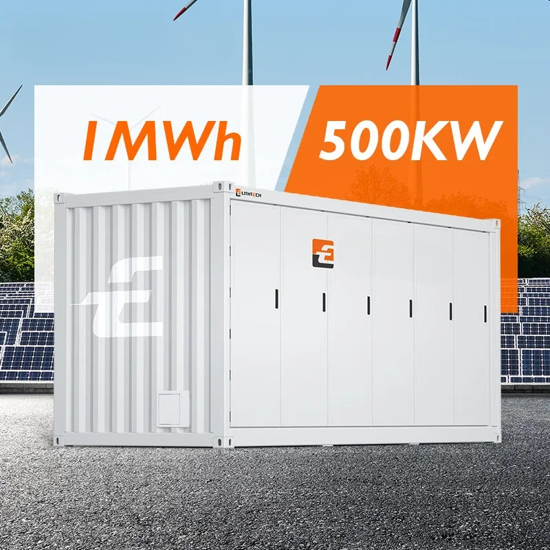 White storage container with energy capacity labels '1 MWh' and '500KW' against a solar panel background.