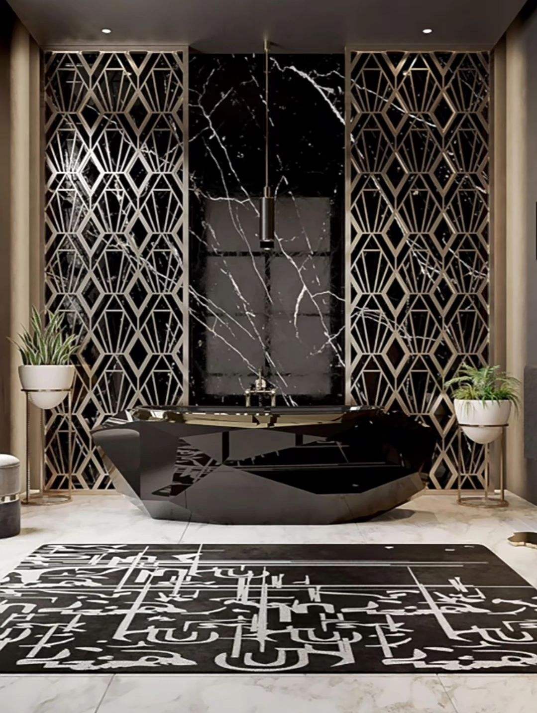 Modern bathroom with black freestanding bathtub, geometric wall patterns, and marble accents.