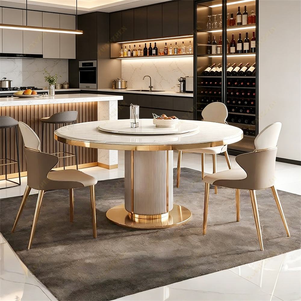 Modern Round Marble Dining Table Set – Luxury Dining Room Furniture with 6 Chairs