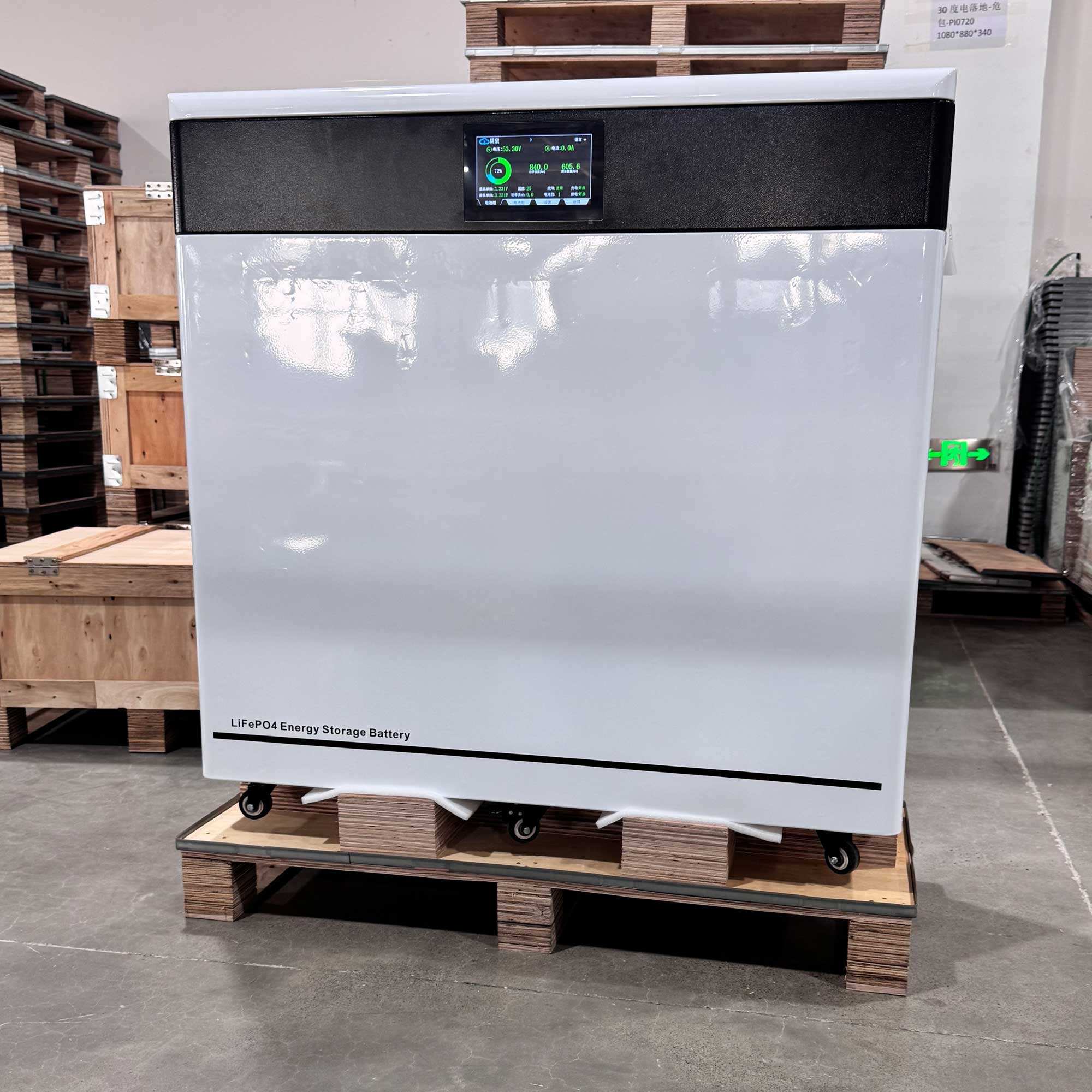 Large energy storage battery on a pallet in an industrial setting