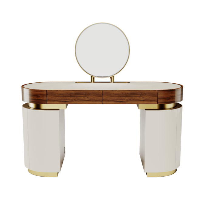 A modern vanity desk with a rounded rectangular shape, featuring a dark wood top, white cylindrical legs, and gold metal accents, with an attached oval mirror on a stand.