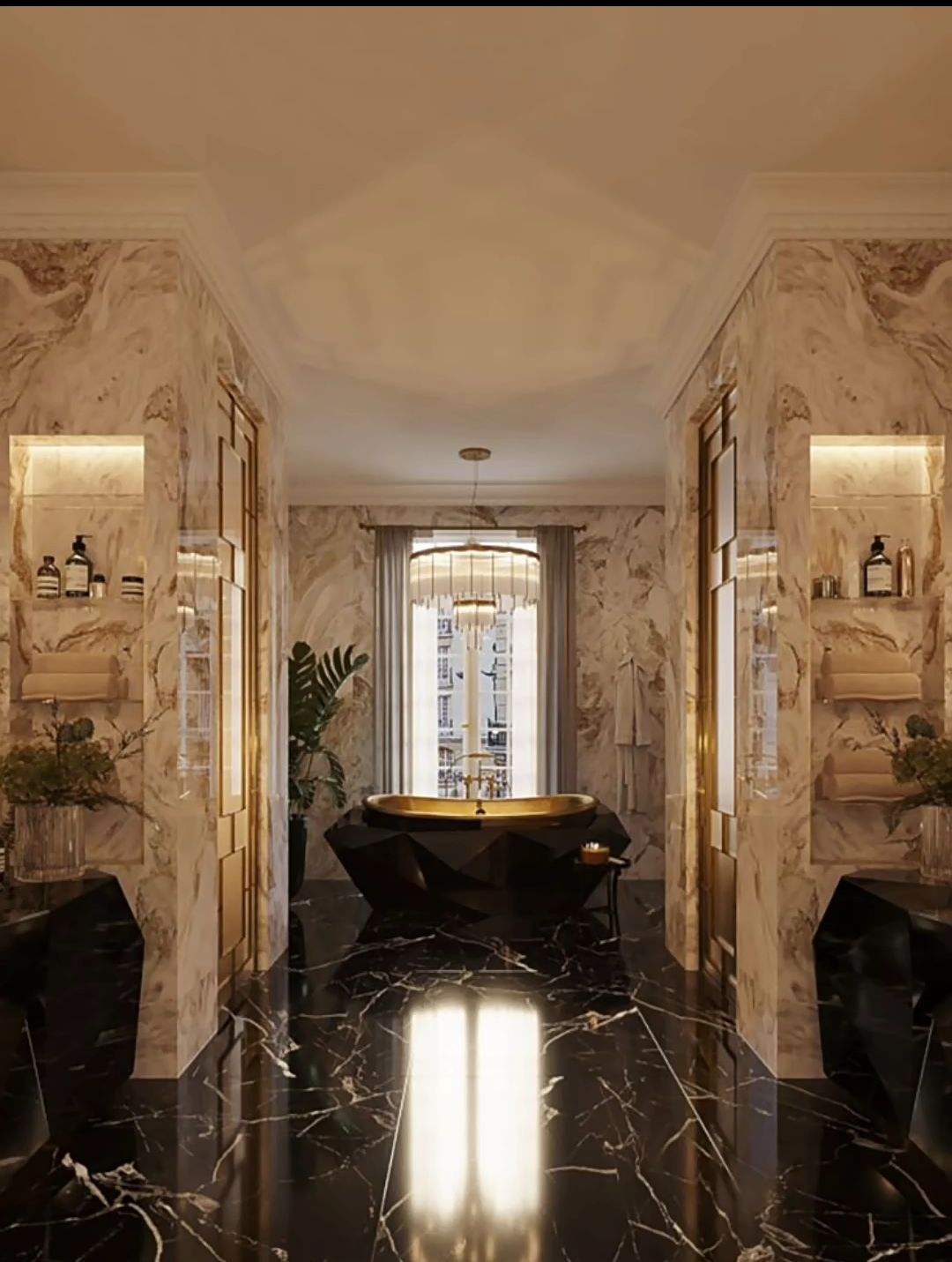 Luxurious bathroom with marble walls, a black marble floor, and a gold bathtub.
