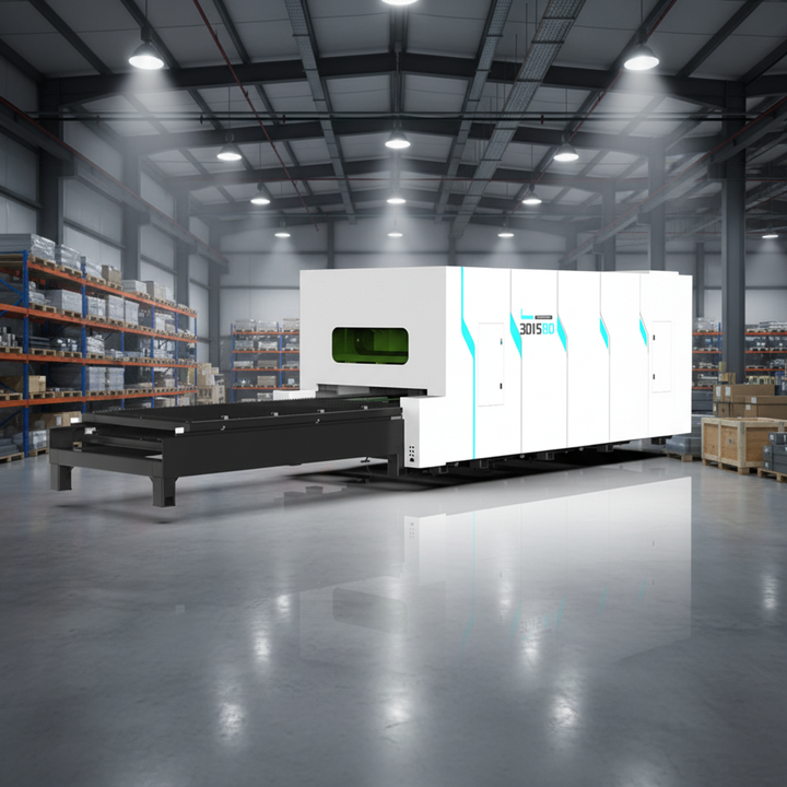 Large industrial machine in a warehouse setting with shelves and products in the background.