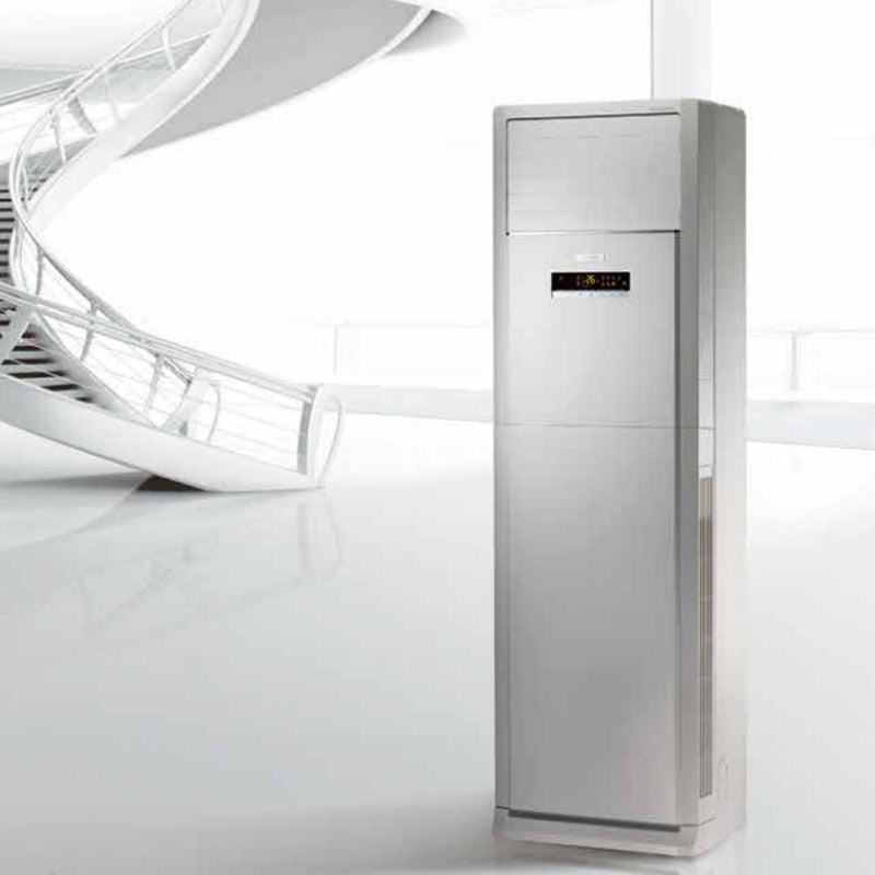 Tall silver air conditioner unit on a white background