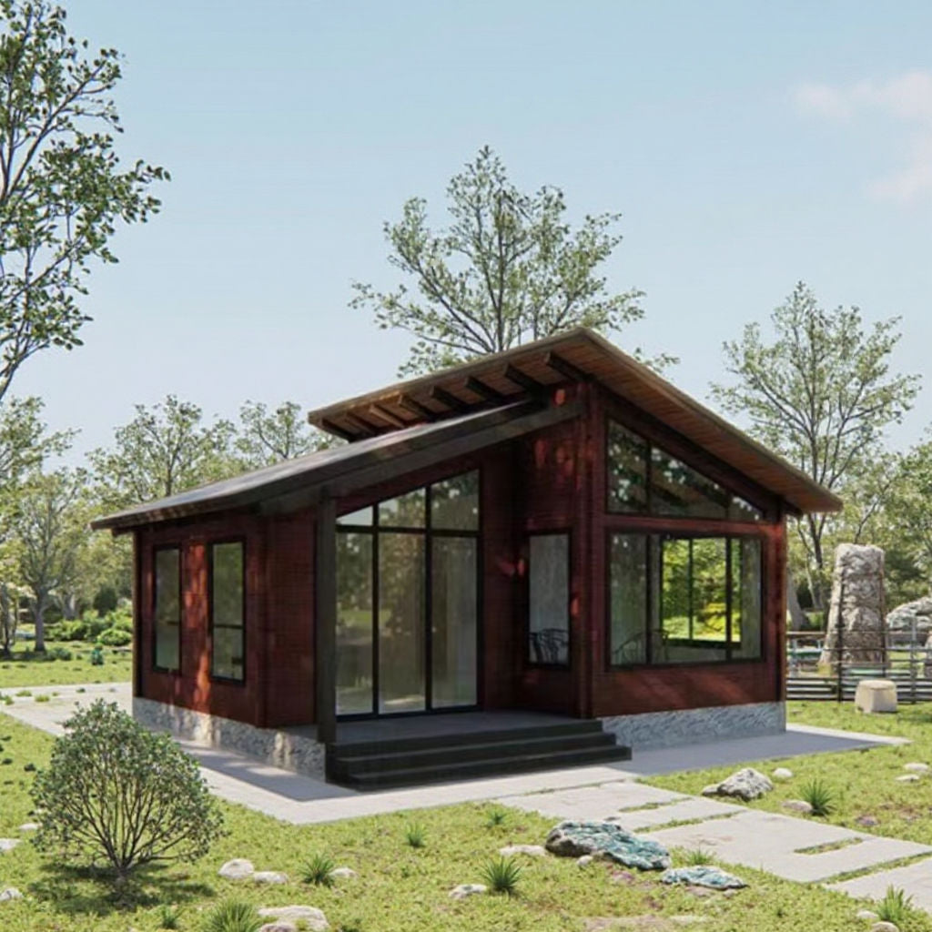A modern single-story cabin with dark reddish-brown wood siding, large black-framed glass windows, and a stone base, shown in a landscaped yard with grass, trees, and a walkway.