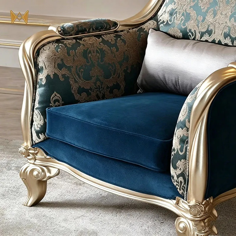 Premium Leisure Armchair – Hand-Carved Solid Wood Upholstered Accent Chair with Jacquard Fabric