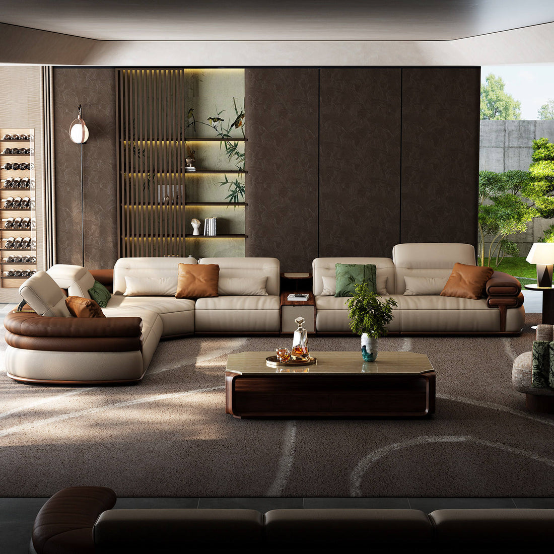 Modern living room with beige sectional sofa, brown armchair, and coffee table.