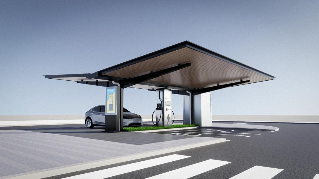 Modern electric vehicle charging station with a car plugged in on a clear day.