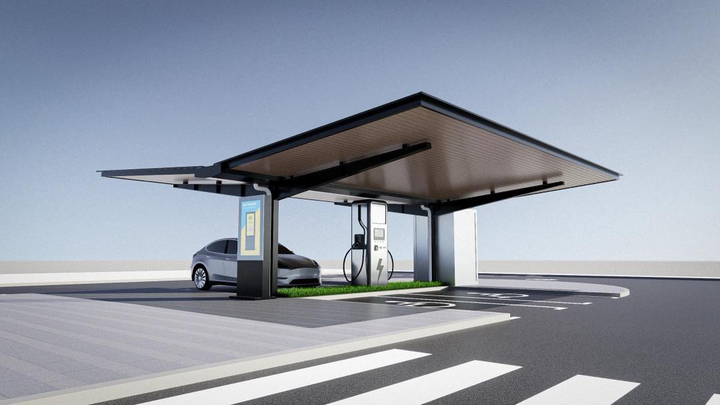 Modern electric vehicle charging station with a car plugged in on a clear day.