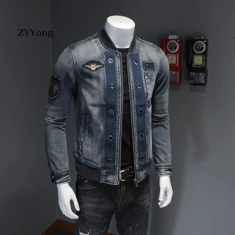 European Style Stand Collar Patch Bomber Pilot Blue Denim Jacket Men Jeans Coats Motorcycle Casual Outwear Clothing Overcoat