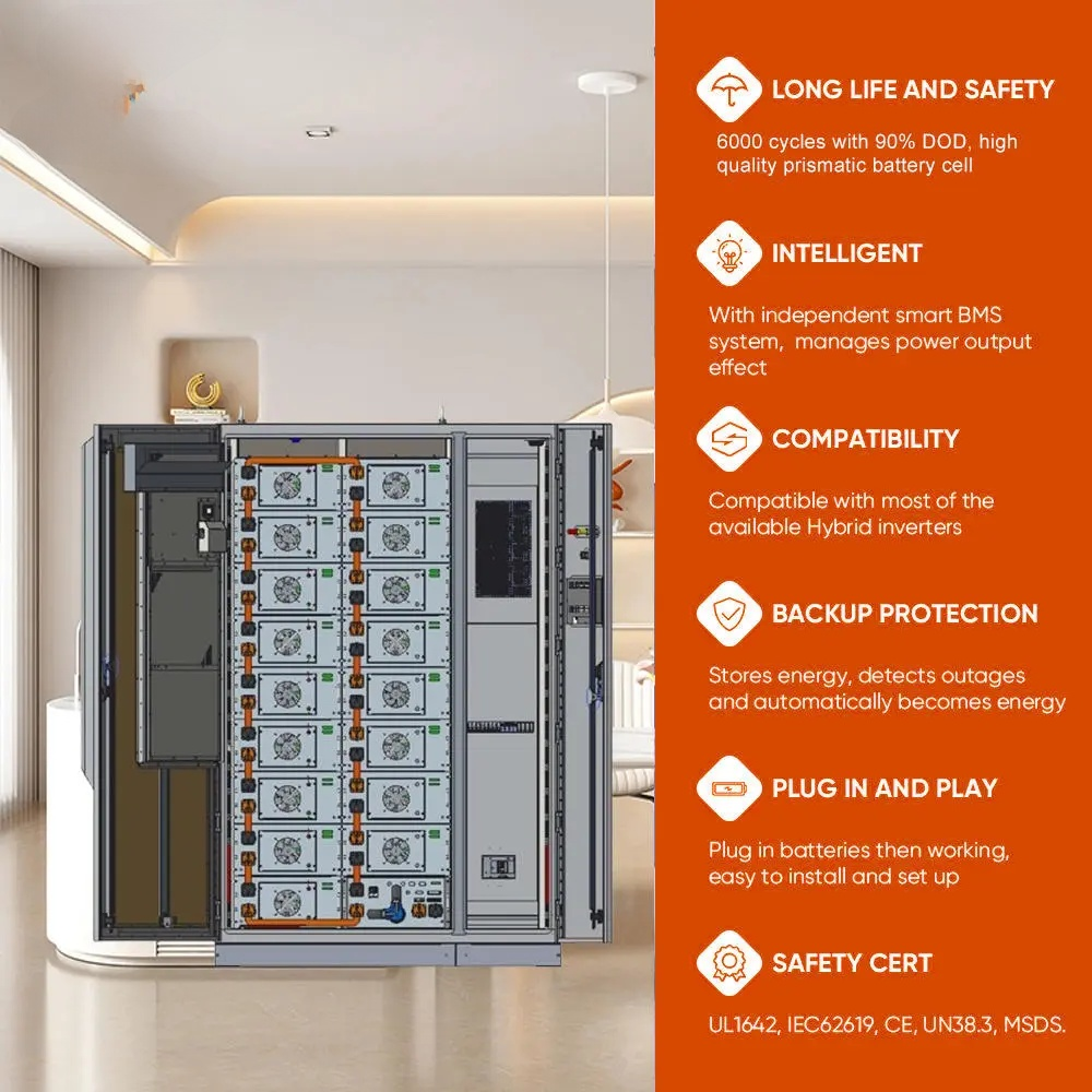 Battery system with features listed on an orange panel in a room setting
