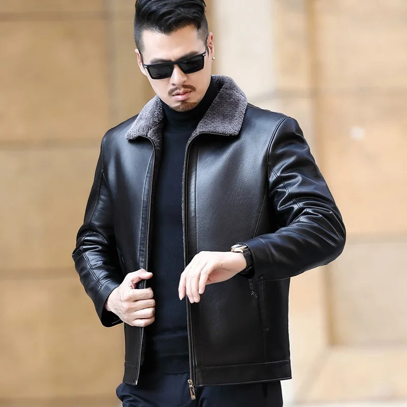 New Stylish Winter Men's Leather Jacket Fur One Casual Thickened plus Sheep Warm Leather Fashion Jacket 