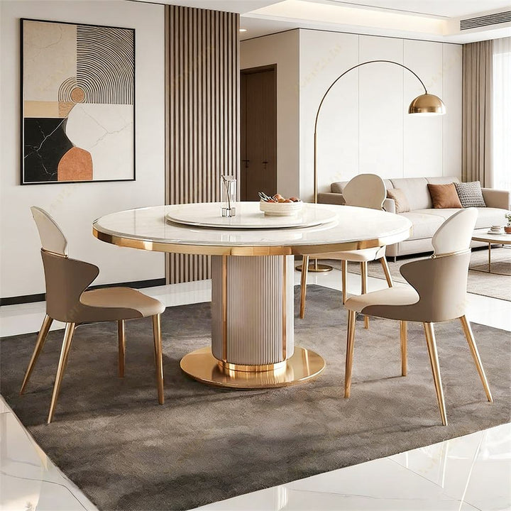 Modern dining room with a round table and chairs in a stylish interior.