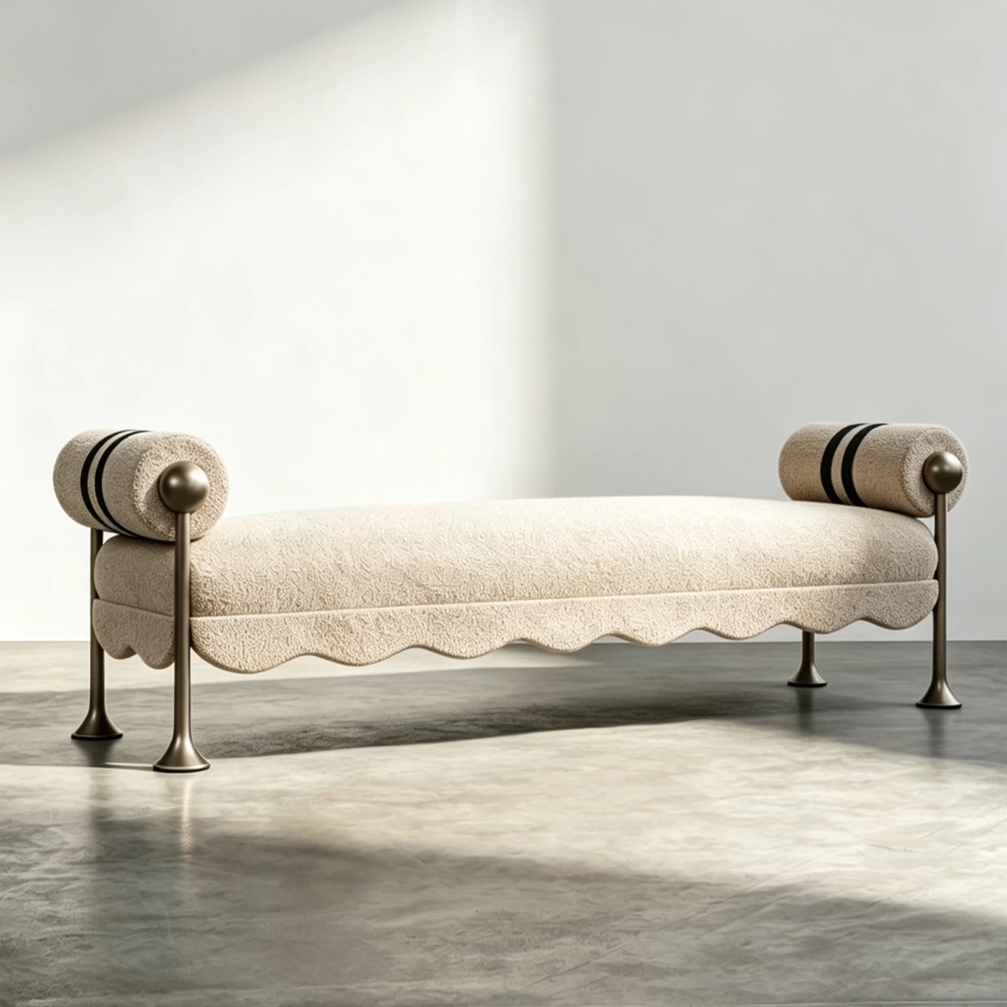 Modern Curved Scallop Base Entryway Shoe Bench with Striped Rolled Arms