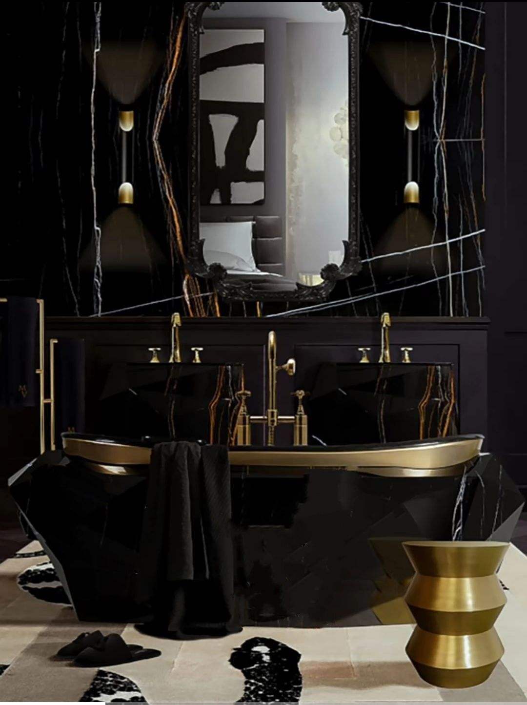 Modern bathroom with black and gold fixtures, including a bathtub and sink.
