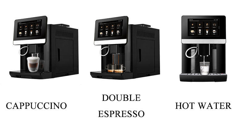 Three coffee machine models labeled 'Cappuccino', 'Double Espresso', and 'Hot Water' on a white background.