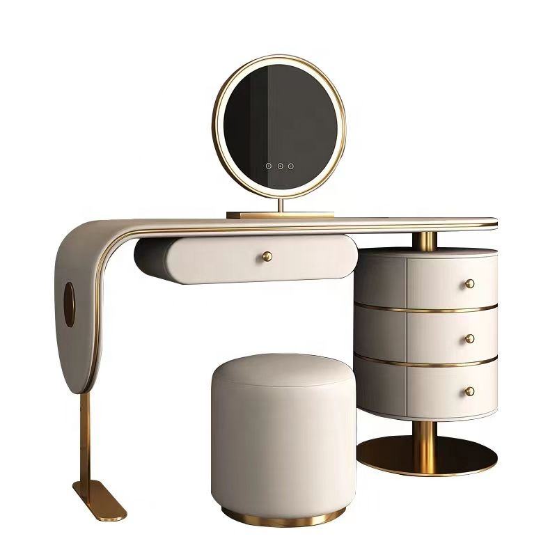 Modern vanity table with round mirror, drawers, and stool on a white background