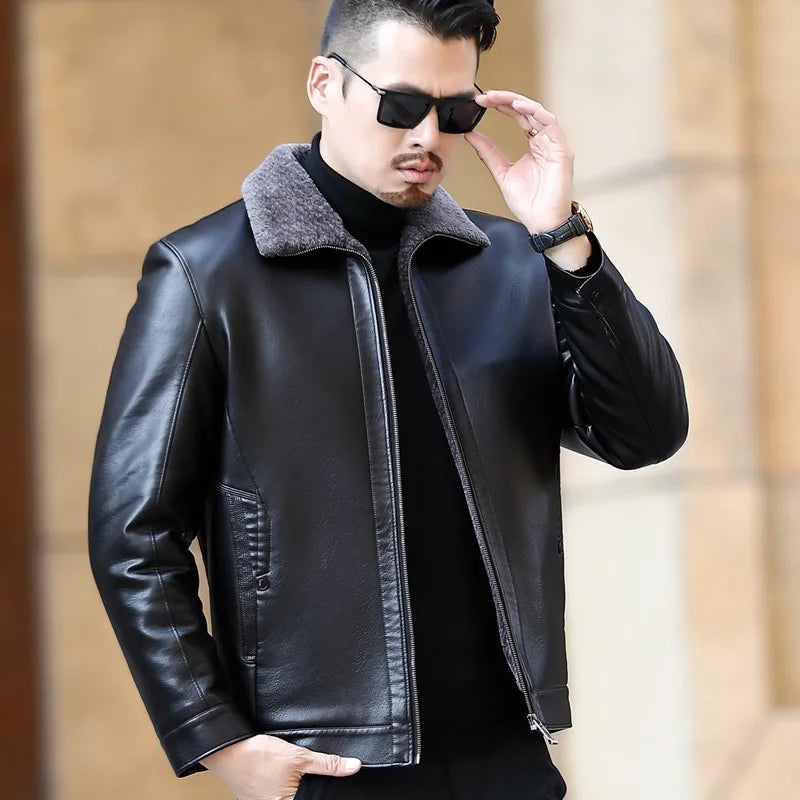 New Stylish Winter Men's Leather Jacket Fur One Casual Thickened plus Sheep Warm Leather Fashion Jacket 