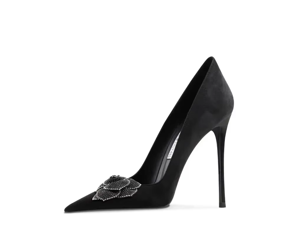 Women's Black Suede Pointed Toe High Heels – Elegant Slip-On Stiletto Pumps