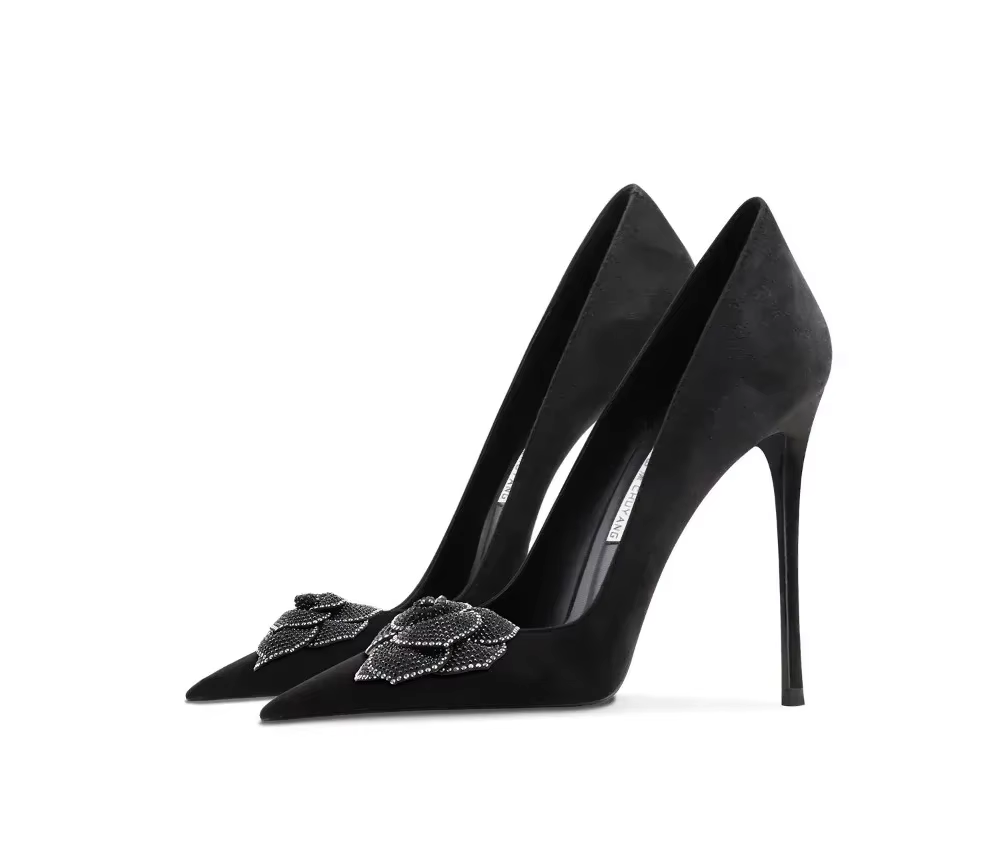 Women's Black Suede Pointed Toe High Heels – Elegant Slip-On Stiletto Pumps
