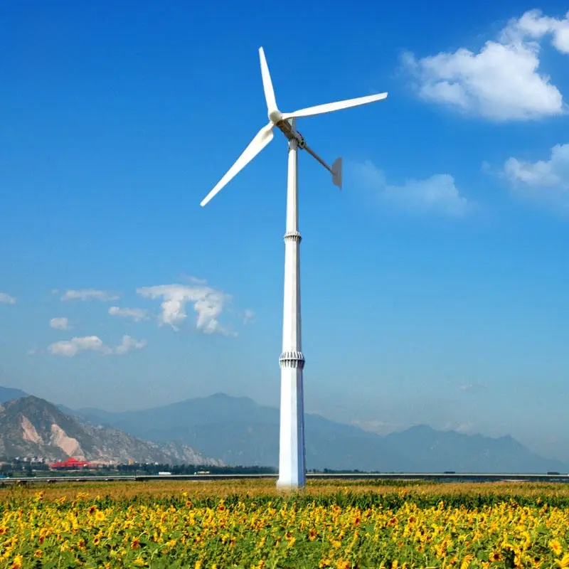 Wind turbine in a field with mountains and blue sky