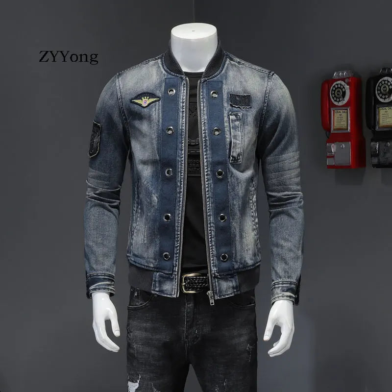 European Style Stand Collar Patch Bomber Pilot Blue Denim Jacket Men Jeans Coats Motorcycle Casual Outwear Clothing Overcoat